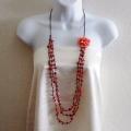Red Shell and Coral Long 3-strand Flower Necklace (Thailand)