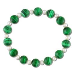 White Freshwater Pearl and Malachite Bead Stretch Bracelet