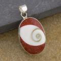 Sterling Silver Red Coral and Shiva Shell Oval Pendant (Thailand)