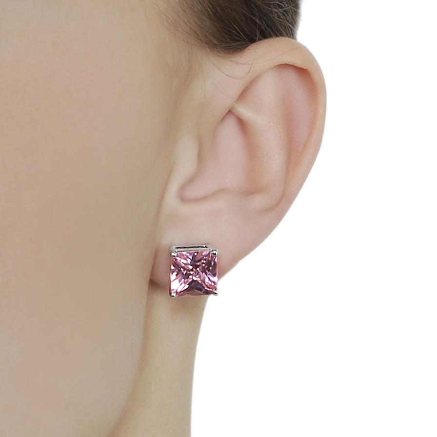 Journee Collection Silvertone Princess-cut Pink CZ Stud Earrings