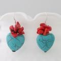 Reconstructed Turquoise and Red Coral Lovely Heart Earrings (Thailand)