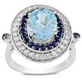 Sterling Silver Blue Topaz, Black and Created White Sapphire Ring
