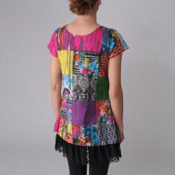 Journee Collection Junior's Lace Trim Mixed Print Tunic Dress