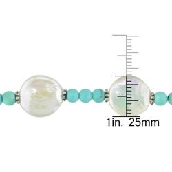 Sterling Silver White Coin Pearl and Turquoise Bracelet (12-15 mm)