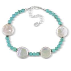 Sterling Silver White Coin Pearl and Turquoise Bracelet (12-15 mm)