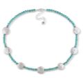 Sterling Silver Round Turquoise and White Coin Pearl Necklace (12-15 mm)