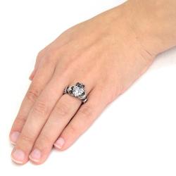 Stainless Steel Heart-cut Cubic Zirconia Claddagh Ring