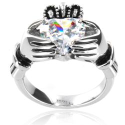 Stainless Steel Heart-cut Cubic Zirconia Claddagh Ring