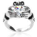 Stainless Steel Heart-cut Cubic Zirconia Claddagh Ring
