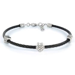 Stainless Steel Cubic Zirconia Heart Charm and Black Cable Bracelet