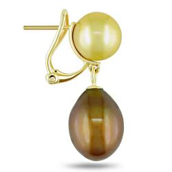 14k Yellow Gold Freshwater Gold and Brown Pearl Dangle Earrings (10-11 mm)
