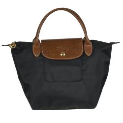 Longchamp Mini 'Le Pliage' Black Nylon Brown Leather Handle Tote Bag
