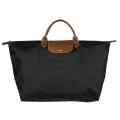 Longchamp 'Le Pliage' Black Nylon Brown Leather Handle Travel Bag
