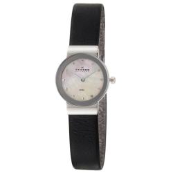 Skagen Women's 'Glitz' Stainless Steel and Black Leather Swarovski Crystals Quartz Watch