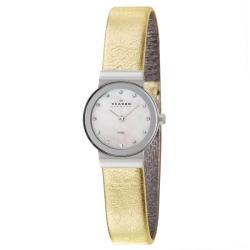 Skagen Women's 'Glitz' Stainless Steel and Gold Leather Swarovski Crystals Quartz Watch