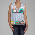 Bilingual Clothing Women's Silk Floral Border Ruffle Deep V-Neck Top
