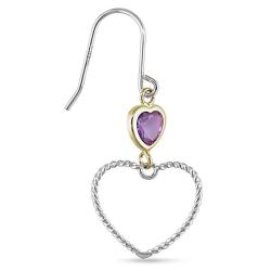 14k Yellow Gold and Sterling Silver Heart-cut Amethyst Dangle Earrings