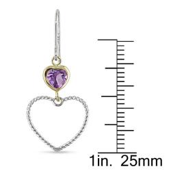 14k Yellow Gold and Sterling Silver Heart-cut Amethyst Dangle Earrings