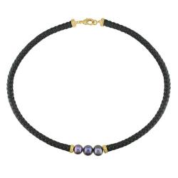 Pink-plated Brass and Black Leather Black FW Pearl Necklace (9-10 mm)