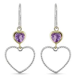 14k Yellow Gold and Sterling Silver Heart-cut Amethyst Dangle Earrings