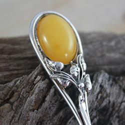 Sterling Silver Milky Amber Studded Fruit Fork (Poland)