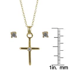 Sunstone Gold over Silver Cubic Zirconia Cross and Stud Jewelry Set