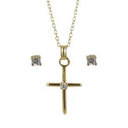 Sunstone Gold over Silver Cubic Zirconia Cross and Stud Jewelry Set