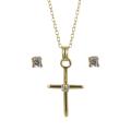 Sunstone Gold over Silver Cubic Zirconia Cross and Stud Jewelry Set
