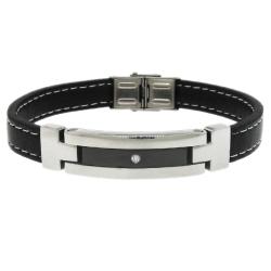 Two-tone Stainless Steel Men's Black Leather ID Bracelet