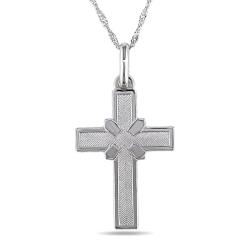18k White Gold Striped Religious Cross Necklace