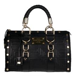 Versace Black Leather Stitched Bowler Bag