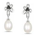 Sterling Silver 1/10ct TDW Black Diamond and Pearl Earrings (7-7.5 mm)