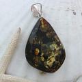 Sterling Silver Dark Green Baltic Amber Freeform 'Flame' Pendant (Lithuania)