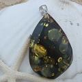 Sterling Silver Dark Green Baltic Amber Freeform 'Flame' Pendant (Lithuania)
