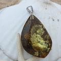 Sterling Silver Dark Green Baltic Amber Freeform 'Flame' Pendant (Lithuania)