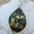 Sterling Silver Freeform Dark Green Baltic Amber 'Flame' Pendant (Lithuania)