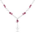 Sterling Silver Pink Tourmaline and FW White Pearl Necklace (4-9 mm)