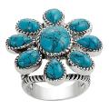 Silvertone Turquoise Flower Rope-style Ring