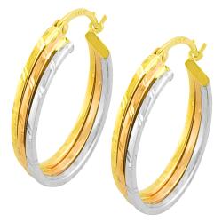 14k Tri-color Gold Diamond-cut Stacked Flat Hoop Earrings