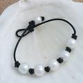 Handknotted White Freshwater Pearls Black Leather Adjustable Bracelet (10mm) (USA)