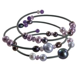 Pearls For You Dyed Freshwater Pearl Black Rubber Cuff Bracelets (Set of 3) (5-9 mm)