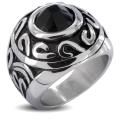 Stainless Steel Tribal Orb and Black Cubic Zirconia Men's Ring
