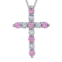 14k Gold Pink Sapphire and 3/4ct TDW Diamond Cross Necklace (H-I, SI2)