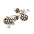 Sweet Romance Pewter Flower and Key Charm Earrings