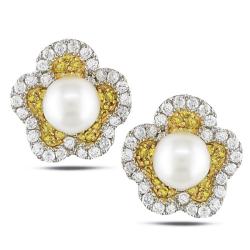 14k Gold 4/5ct TDW Yellow and White Diamond Pearl Earrings (G-H, I2-I3)