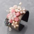 Rose Quartz and Pearl Floral Blossom Leather Cuff Bracelet (7-8 mm)(Thailand)