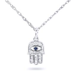 14k Gold Blue Sapphire and 1/10ct TDW Diamond Mini Hamsa Pendant (H-I, I1-I2)