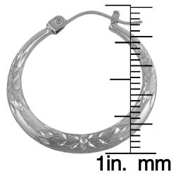 14k White Gold Graduated Diamond-cut Hoop Earrings