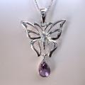 Sterling Silver Teardrop Amethyst Butterfly Necklace (Thailand)