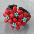 Turquoise and Red Coral Floral Cuff Bracelet (Thailand)